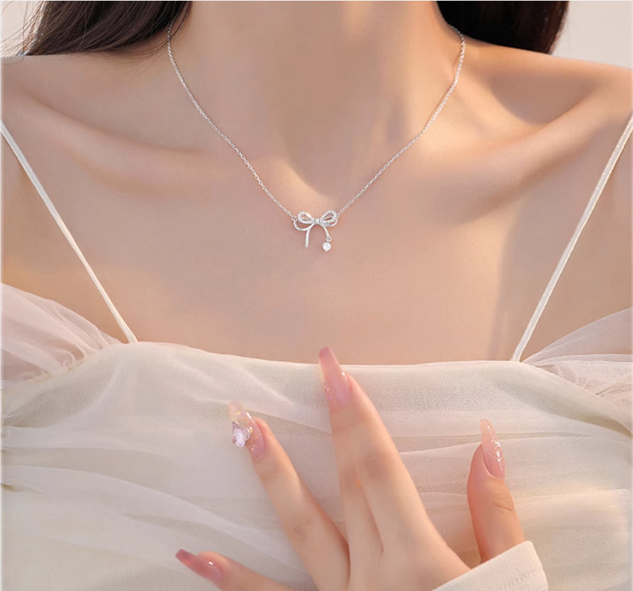 Women's Bow Necklace Sterling Silver Clavicle Chain