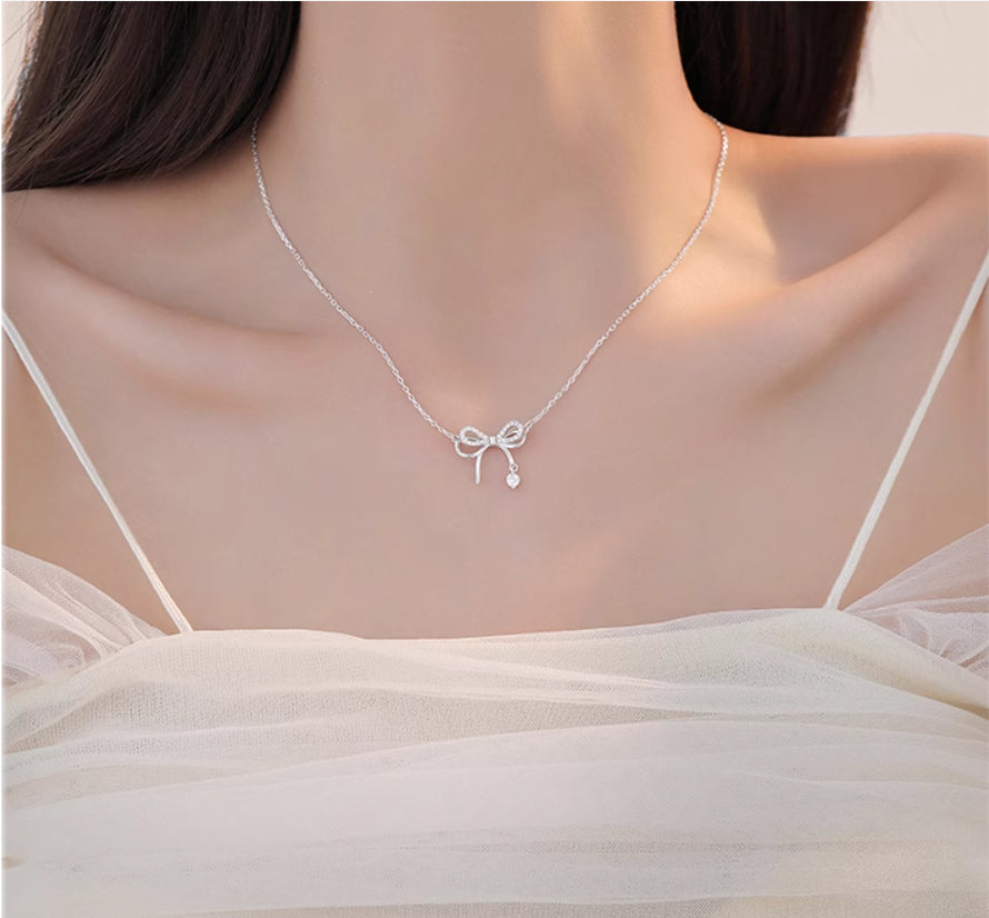 Women's Bow Necklace Sterling Silver Clavicle Chain